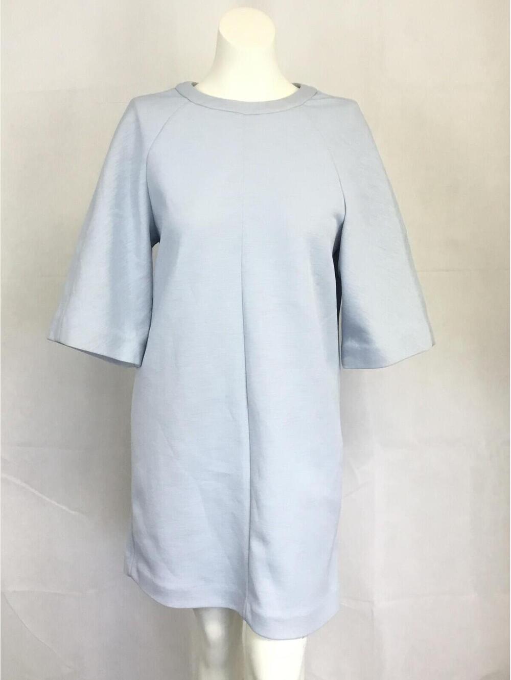 [367] H&M Dress Womens 4 Blue Woven Crew Neck Half Sleeve Shift Short Zip Back
